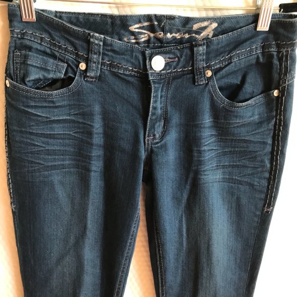 SEVEN7 WOMEN JEANS SZ JR 27" SLIM BOOT CUT STRETCH EMBELISHED POCKET EUC - Picture 4 of 11